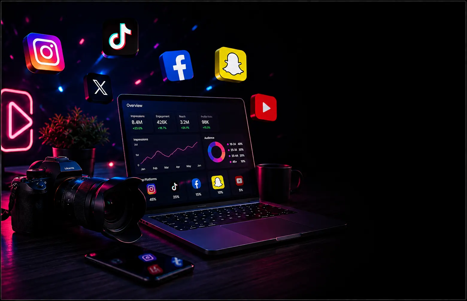 Camera, laptop analytics dashboard and floating social media icons